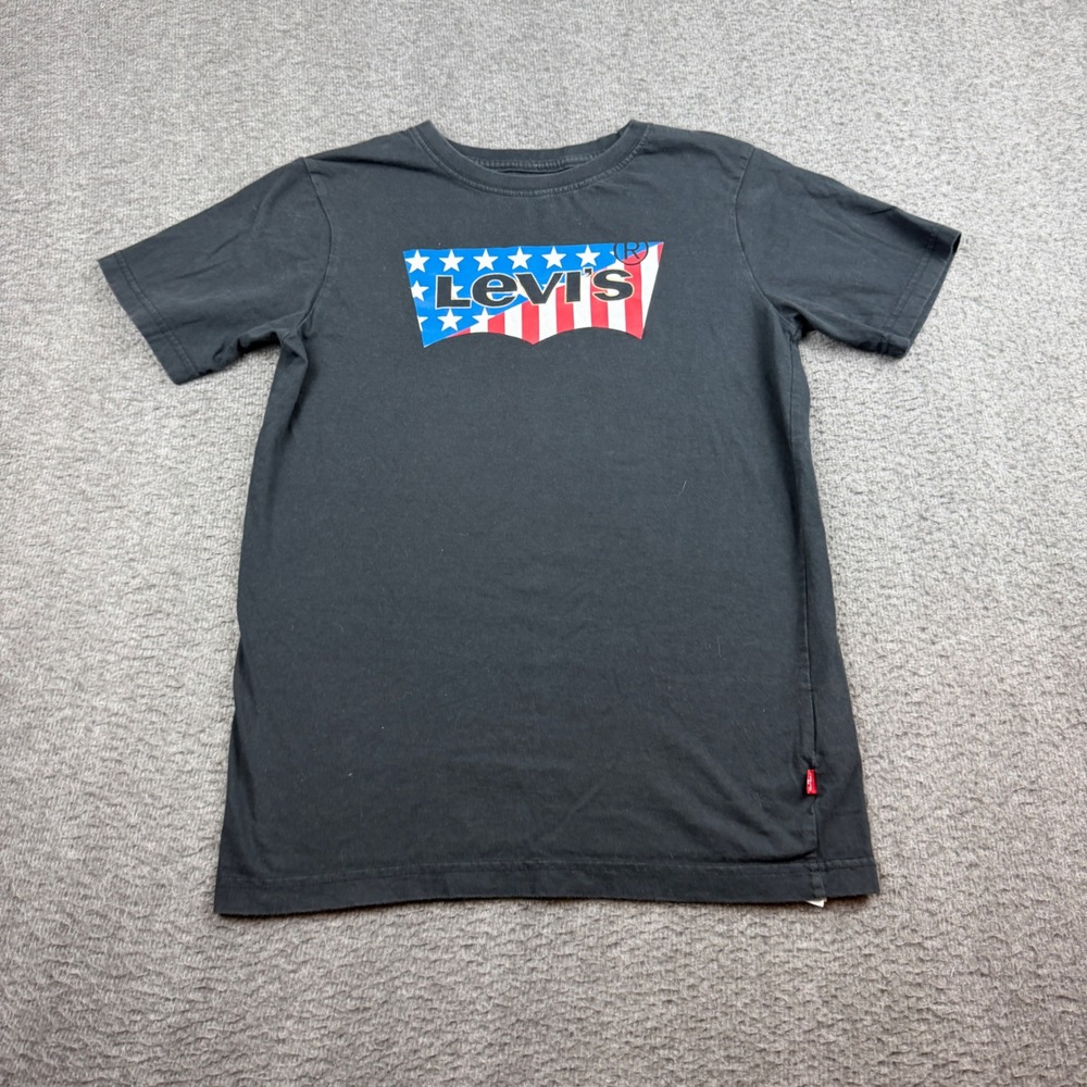 Levi's‎ Graphic Tee Kids Large Black American Flag Batwing Logo T-Shirt